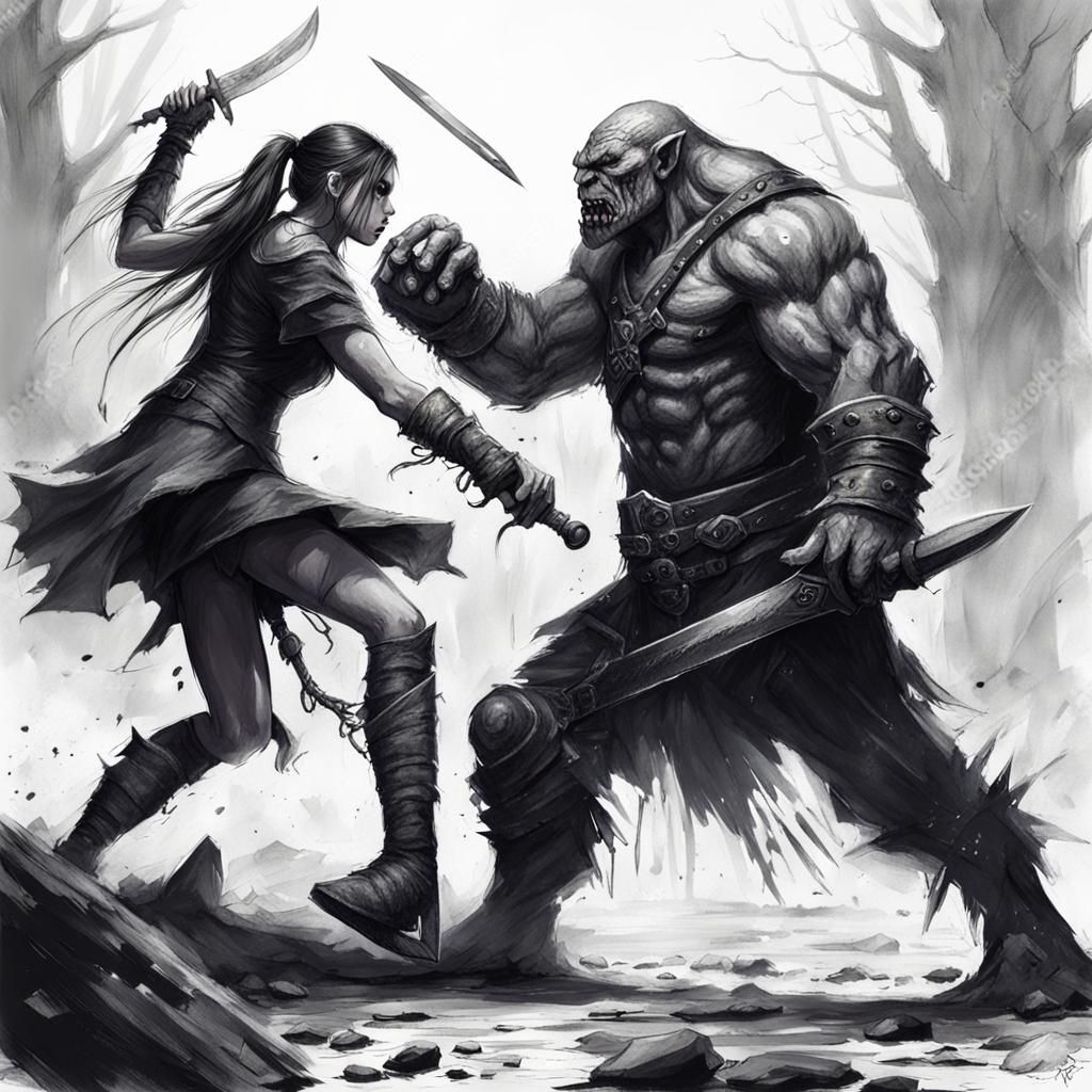 Girl Fighting Orc in Dark Fantasy Drawing