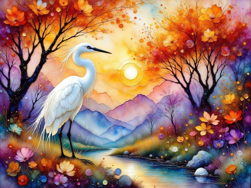 Ethereal Glass Crane in Fairy Spring Landscape