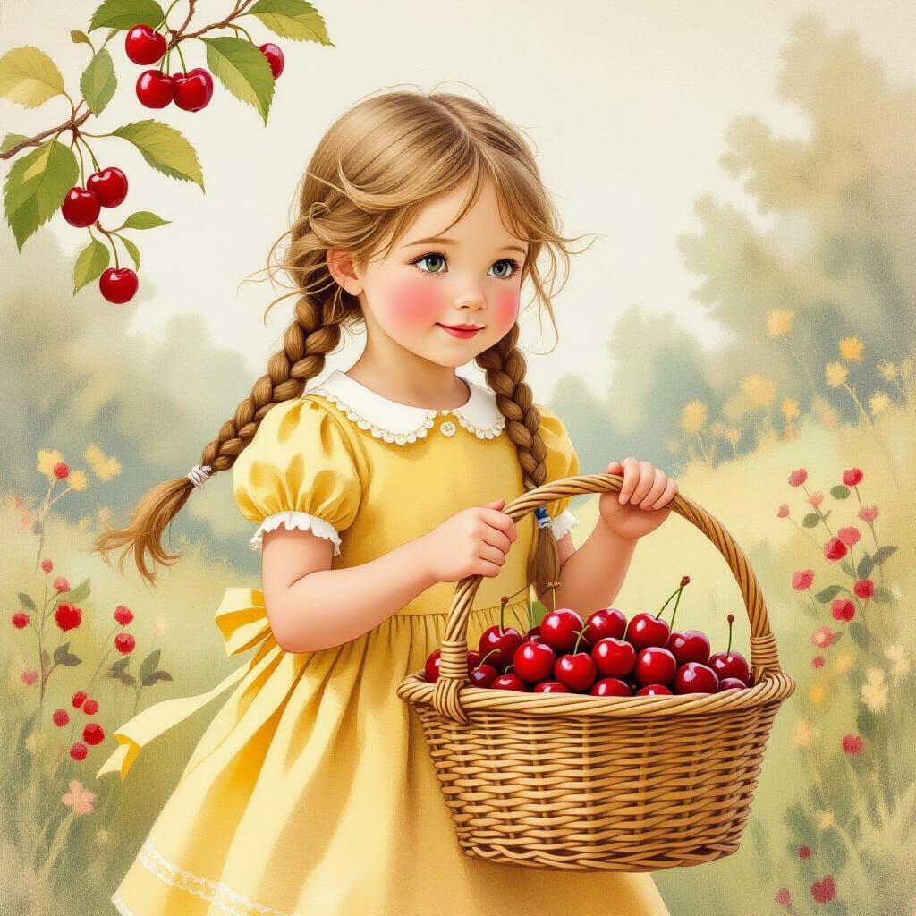 Girl with Cherries in Beatrix Potter Style