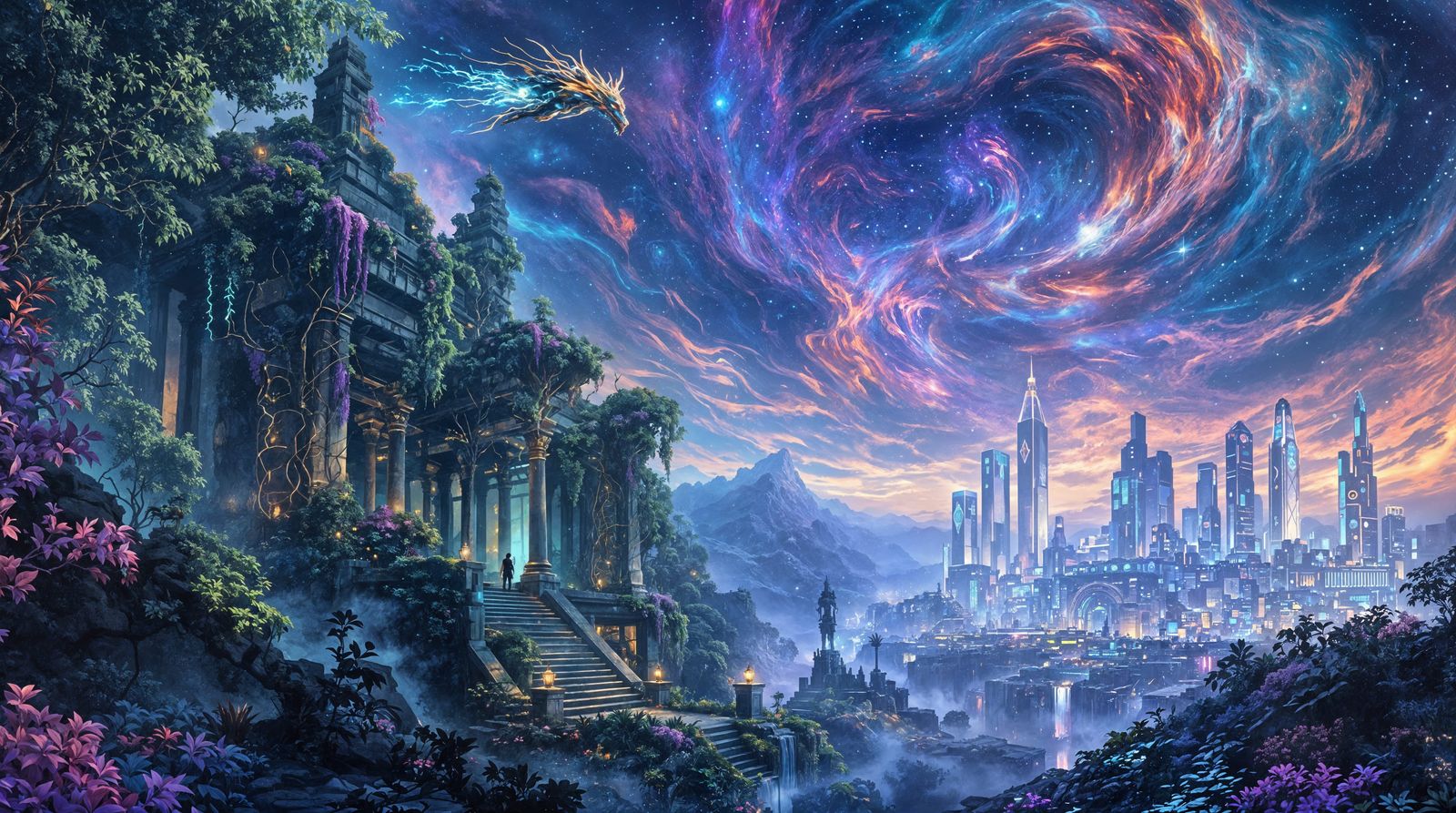 Surreal Dreamscape with Cybernetic Dragon