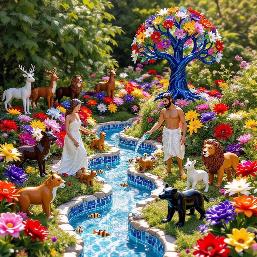 Hyperrealistic Ceramic Garden With Mythical Creatures