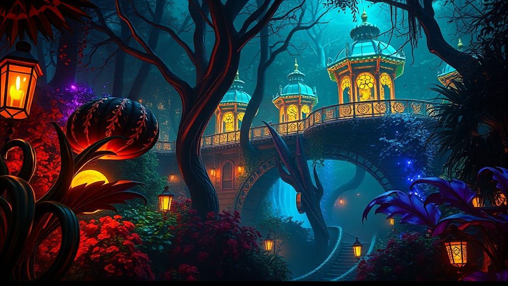 Surreal Mardi Gras Night Garden in Vibrant Triadic Colors