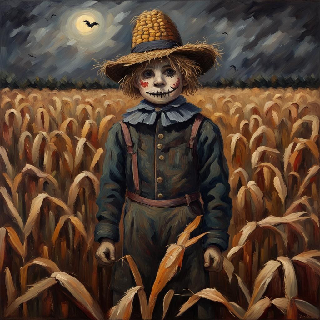 Scarecrow Boy in Cornfield: Impasto Post-Impressionist Paint...