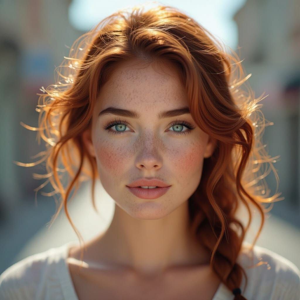 Woman with Freckles and Windblown Hair in Splash Art Style