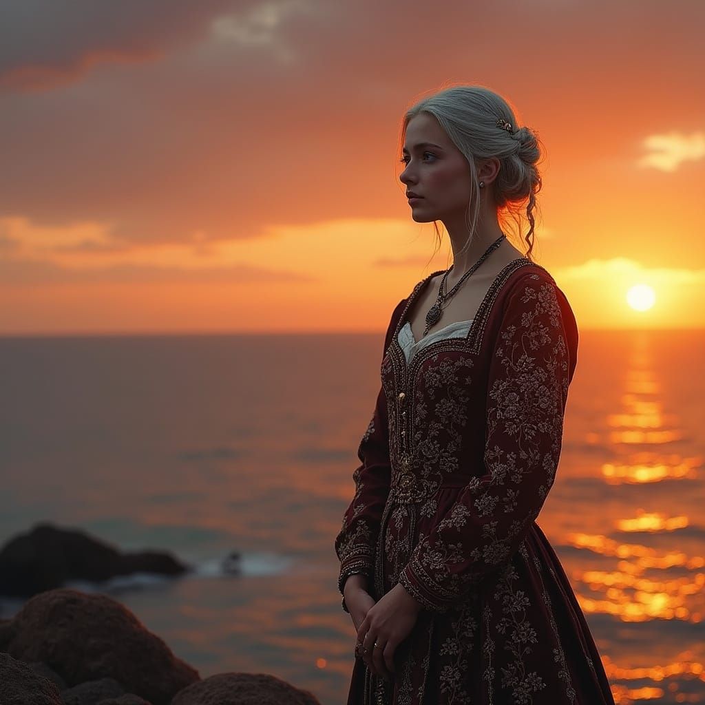 Medieval Woman Longing for Lost Love Amid Sunset