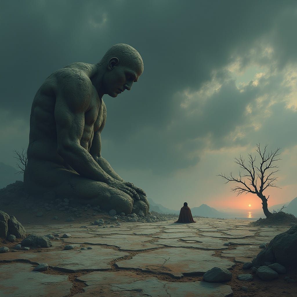 Desolate Landscape with Crumbling Statue and Fading Light