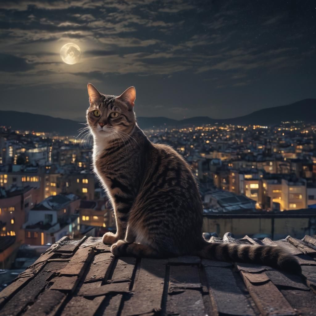 Hyperrealistic Cat Overlooking City at Night