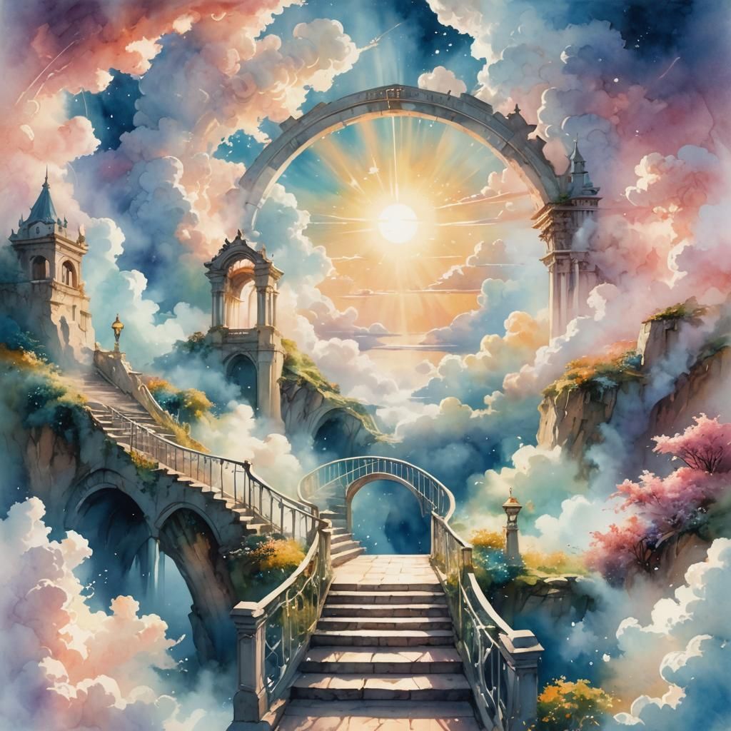 Ethereal Gateway in a Surreal Watercolor Landscape