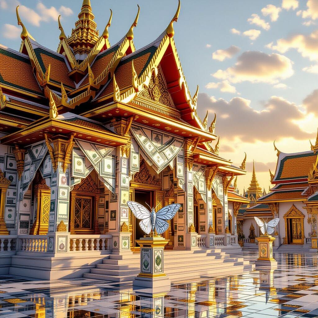 Origami Temple of Currency with Gold Accents