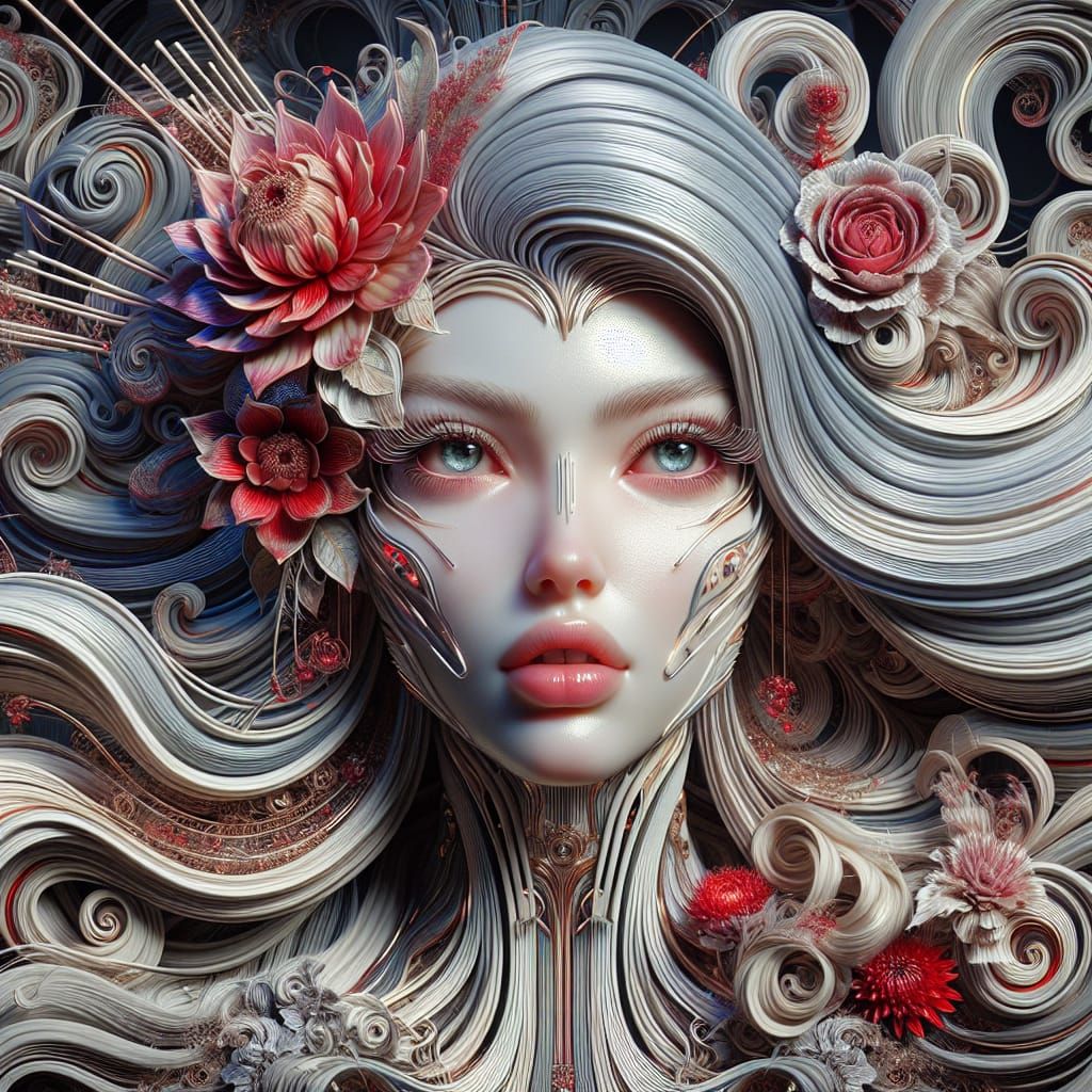 Renaissance Woman with Flowers: Surreal 3D Illustration
