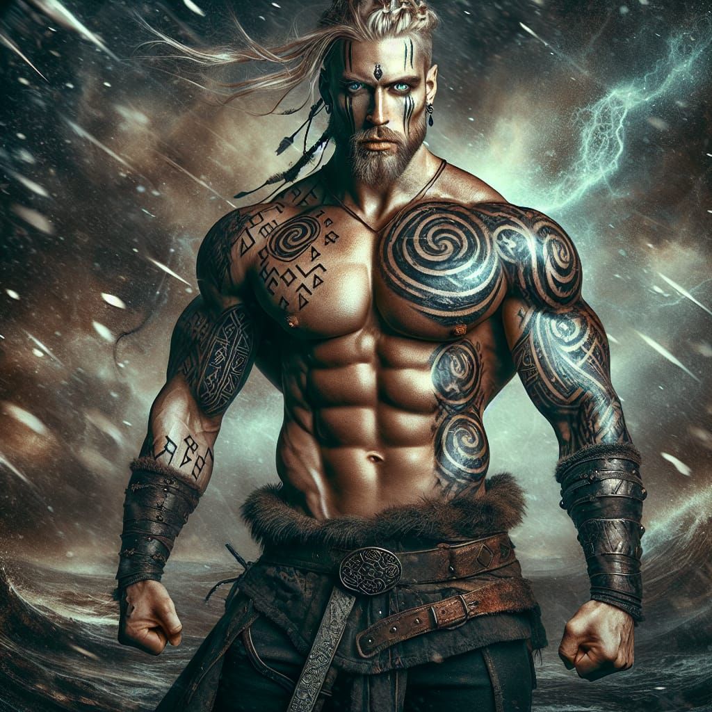 Intimidating Viking Warrior with Rune Tattoos