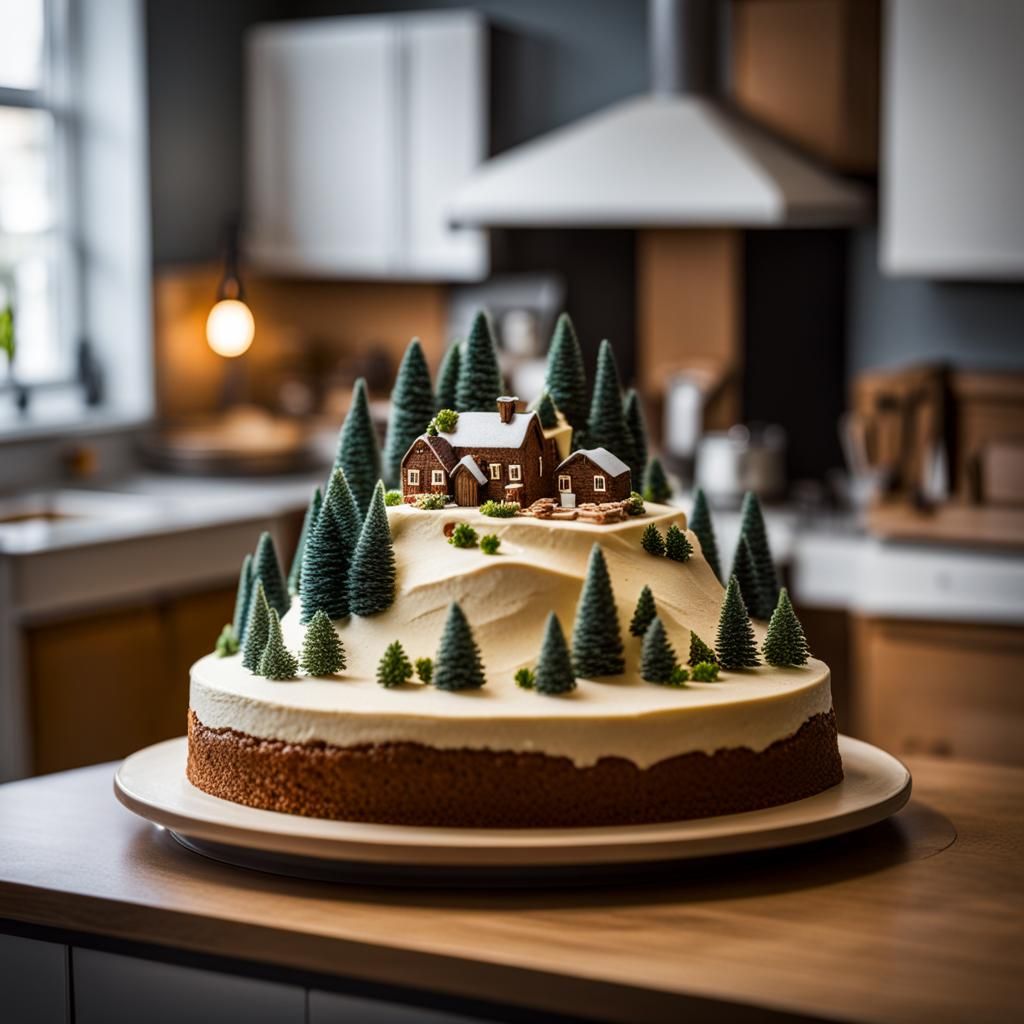 Hyperrealistic Layer Cake Mountain Village Photo