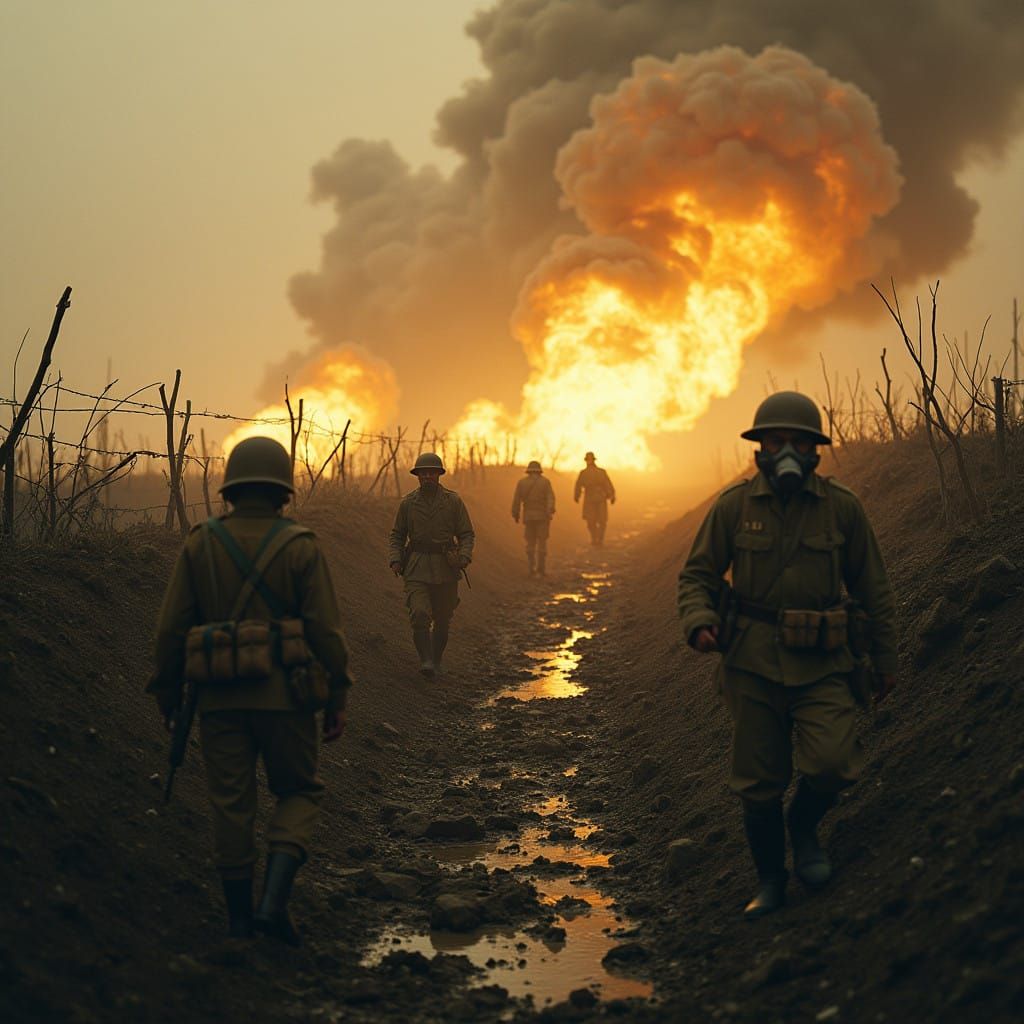 Desolate Battlefield Erupts in Golden Glow of Artillery Expl...