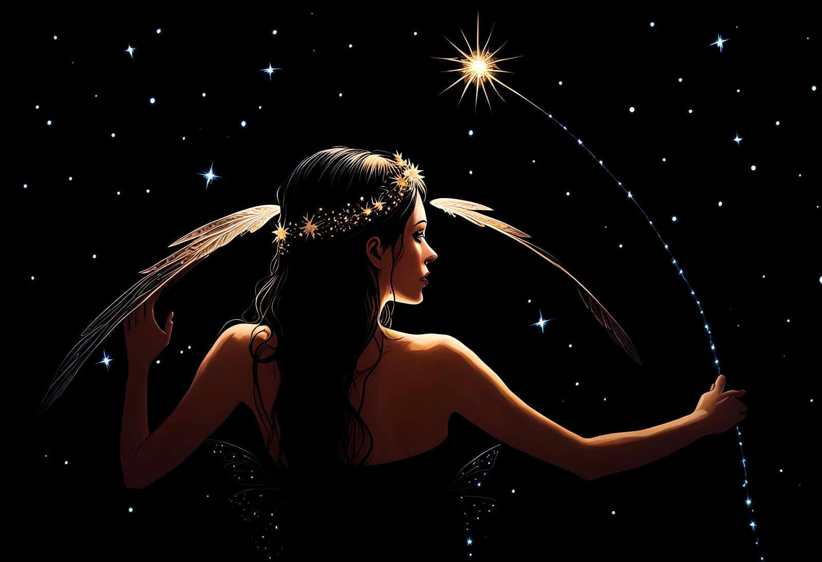 Beautiful portrait, Fairy of the night with perfect wings,  black black sky, bright bright stars, path through fantasy f...