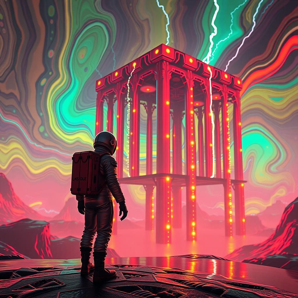 Astronaut at Edge of Iridescent World in Pixel Art Style
