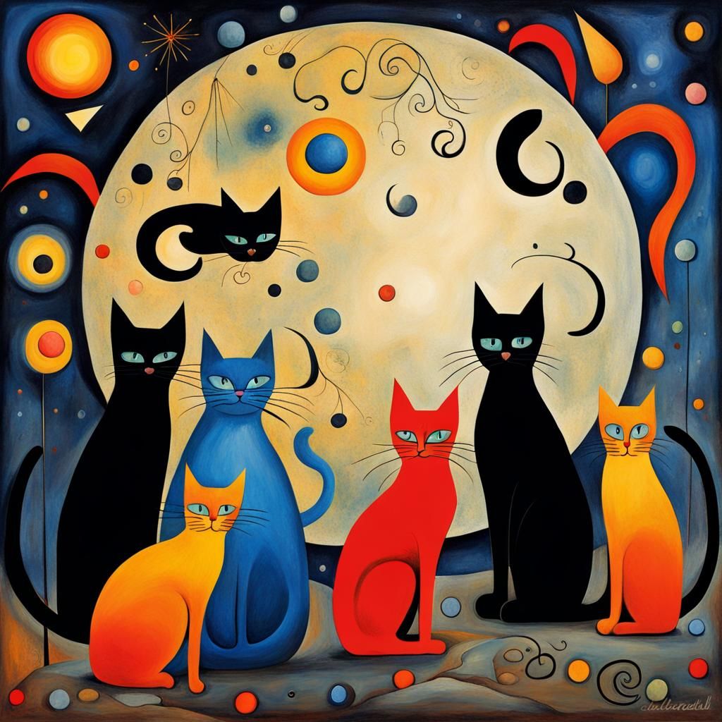 Black Cats in Moonlight: Pop Surrealist Illustration