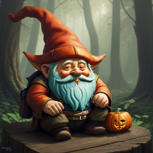 Whimsical Gnome Sits on Pumpkin in Golden Hour Forest