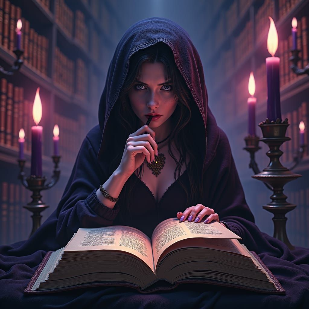 Sorceress Reading Tome in Gothic Library