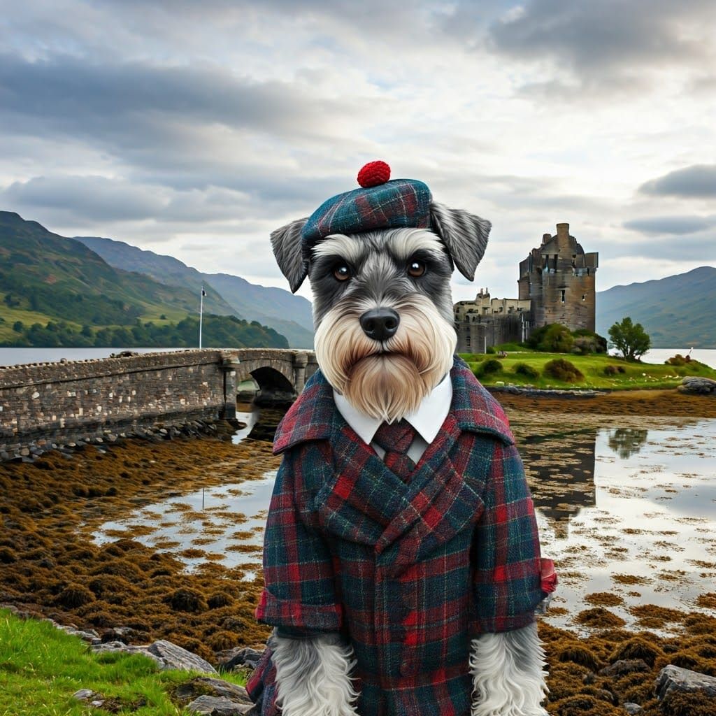 Mini Schnauzer in Scottish Outfit at Eilean Donan Castle
