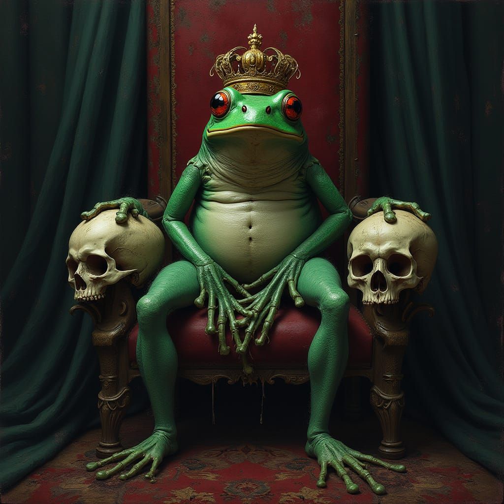 Regal Frog Sits Among Weathered Skulls in Dark Gothic Splend...