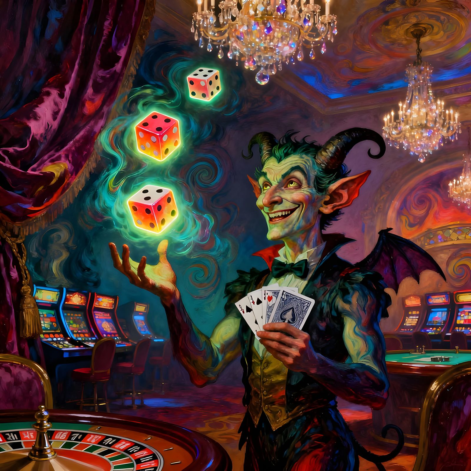 Surreal Imp Gambler Juggling Dice and Cards in Opulent Casin...