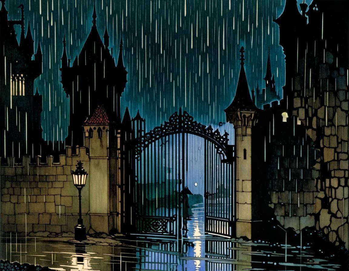 Romantic Rain Kiss at Castle Gate