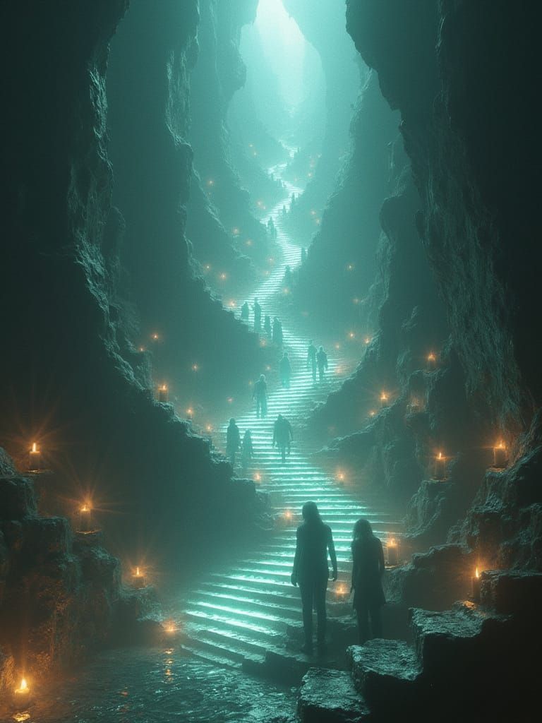 Surreal Dystopian Labyrinth with Holograms and Candles