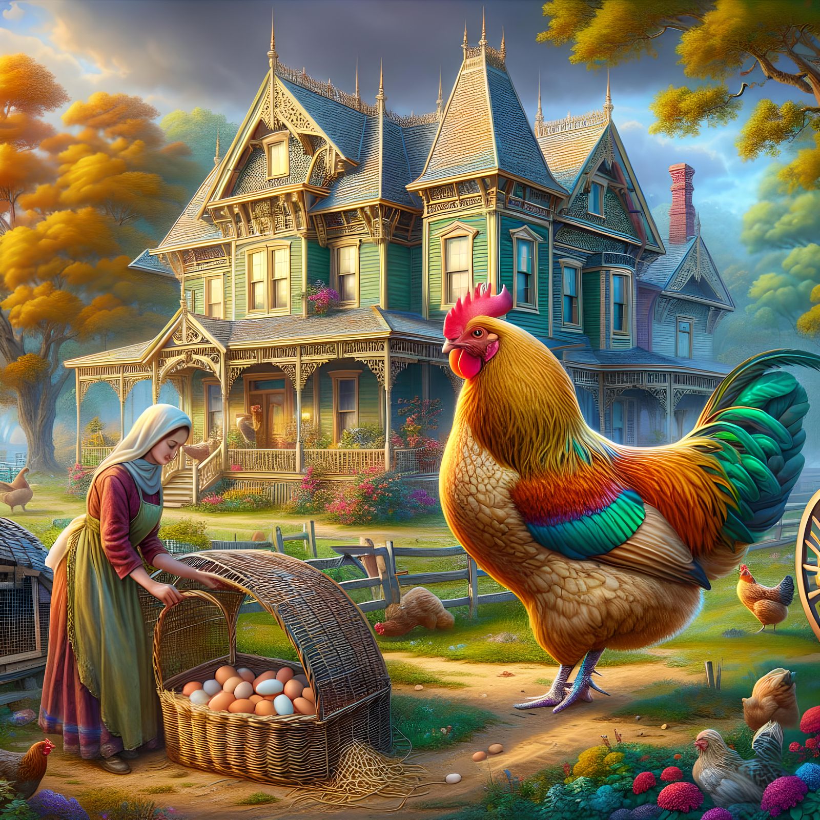 Hen and Victorian House in Animated Countryside Scene