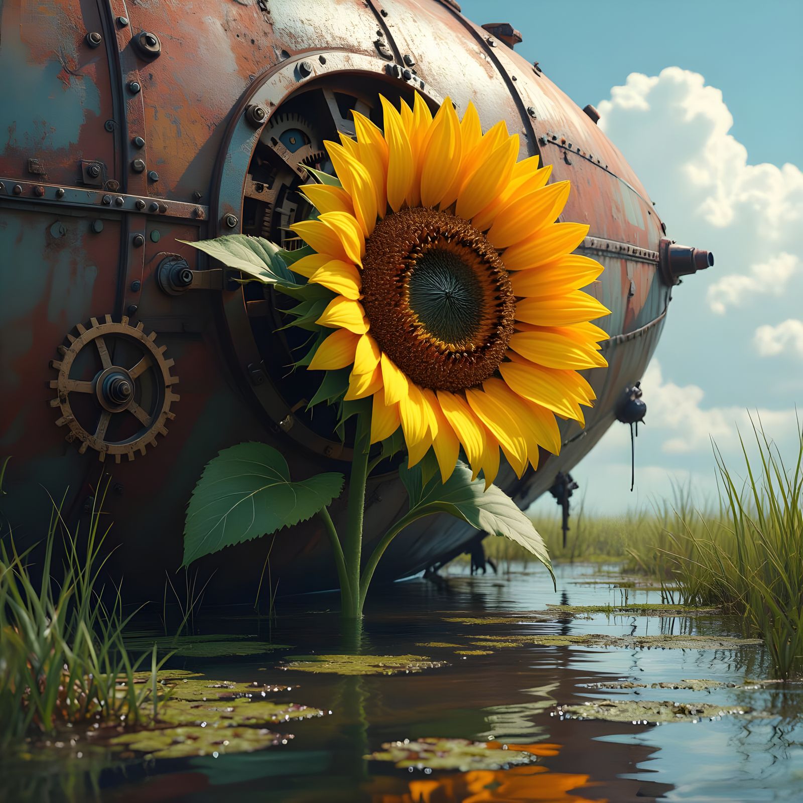 Sunflower Sprouts from Abandoned Steampunk Airship