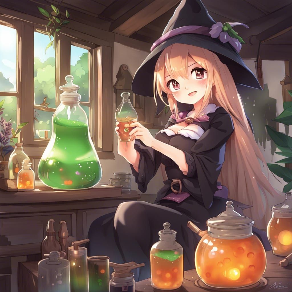 Anime Witch Stirring Potions in Cottage