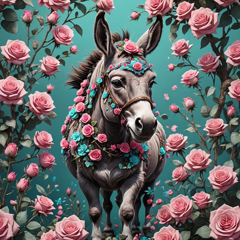 Cute Donkey with Roses: Fantasy Concept Art