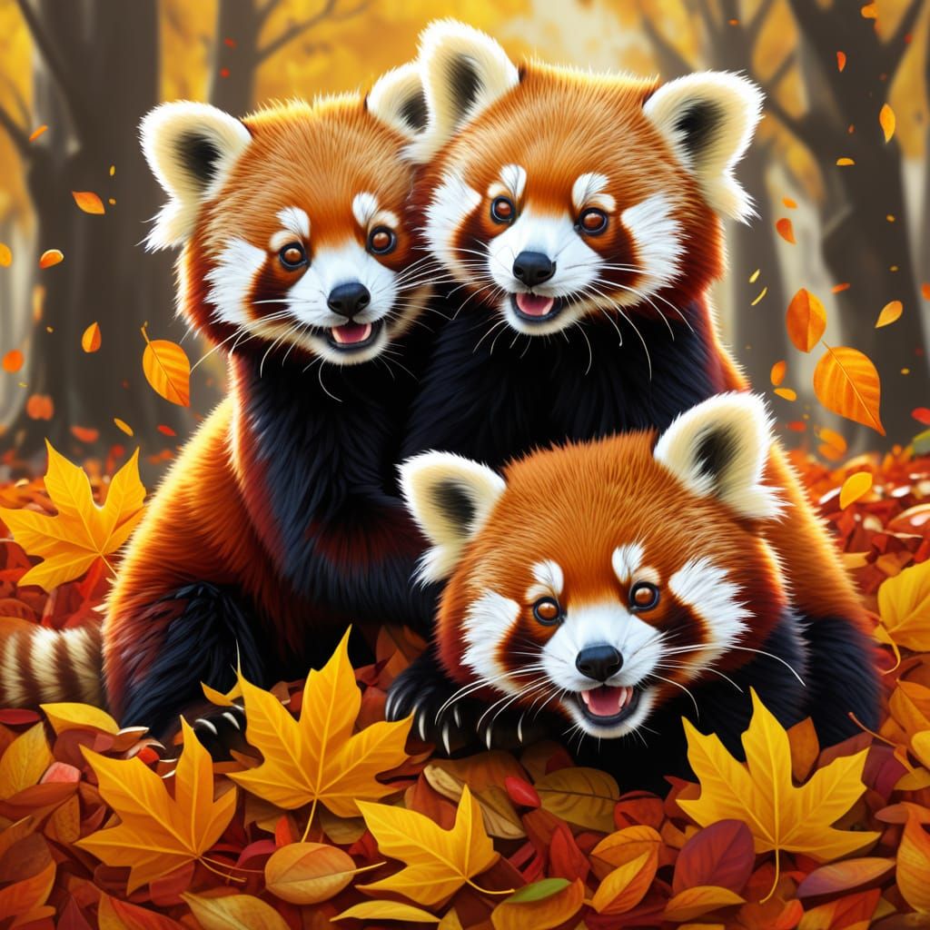 Vibrant Digital Art of Red Pandas in Autumn Leaves