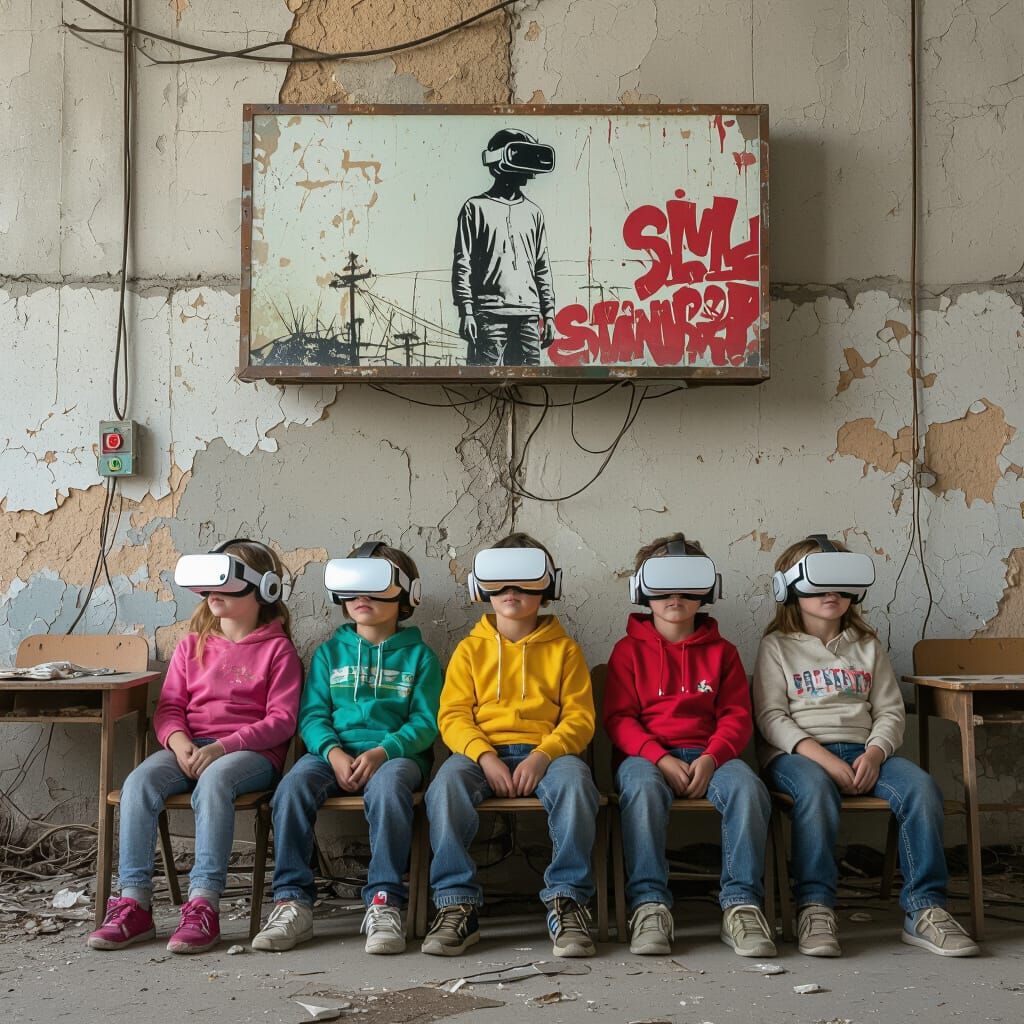 Dystopian Classroom with VR Headsets, Stencil Art