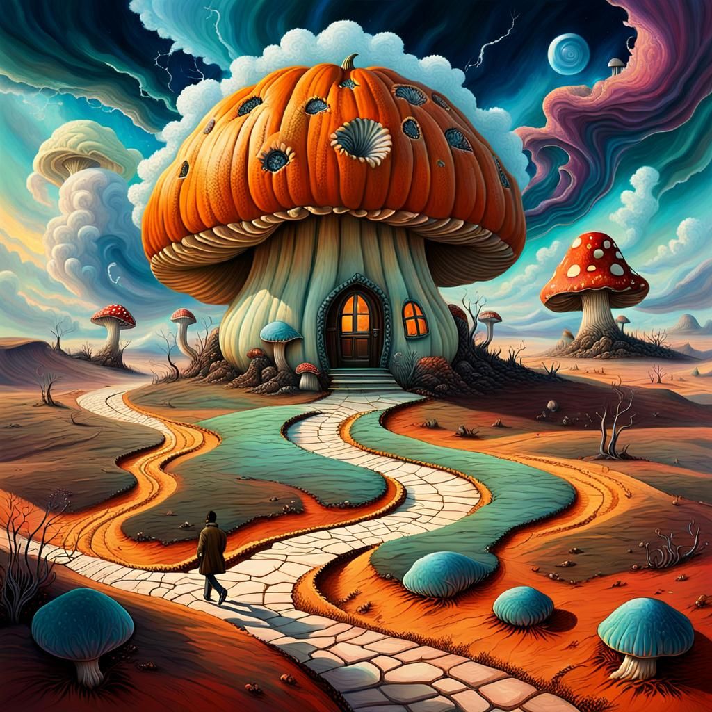 Surreal Pumpkin Dreamscape in Vibrant Oil Painting