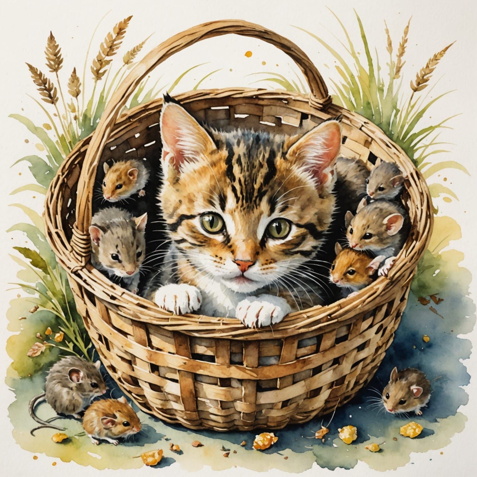 Kitten's Nap Interrupted: Mice Steal Food in Watercolor