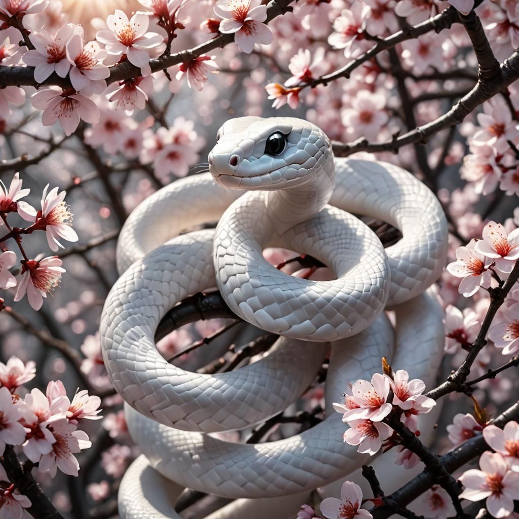 Adorable White Snake in Cherry Blossom Tree