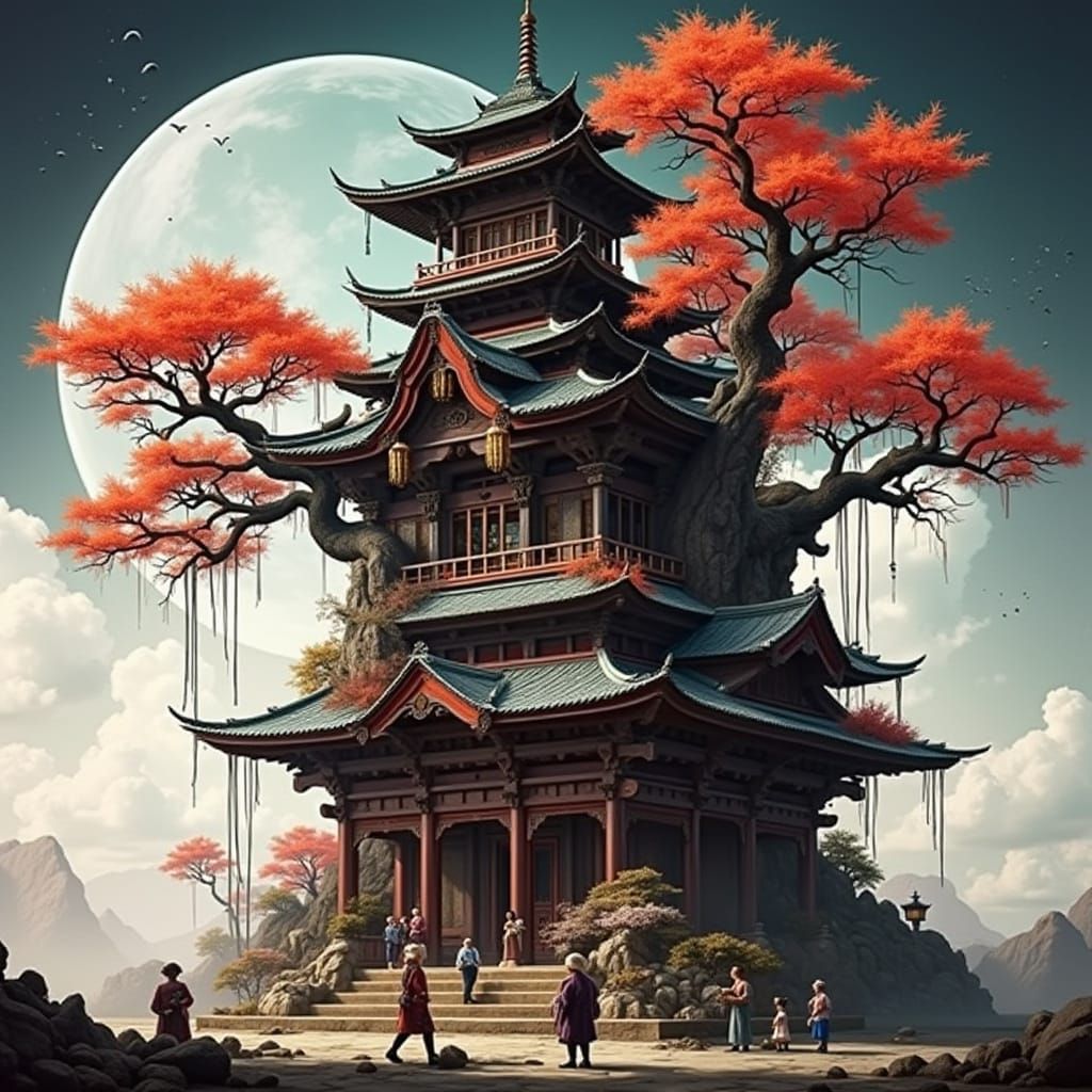 Steampunk Geisha in Crystal Bonsai Village: Digital Matte Pa...