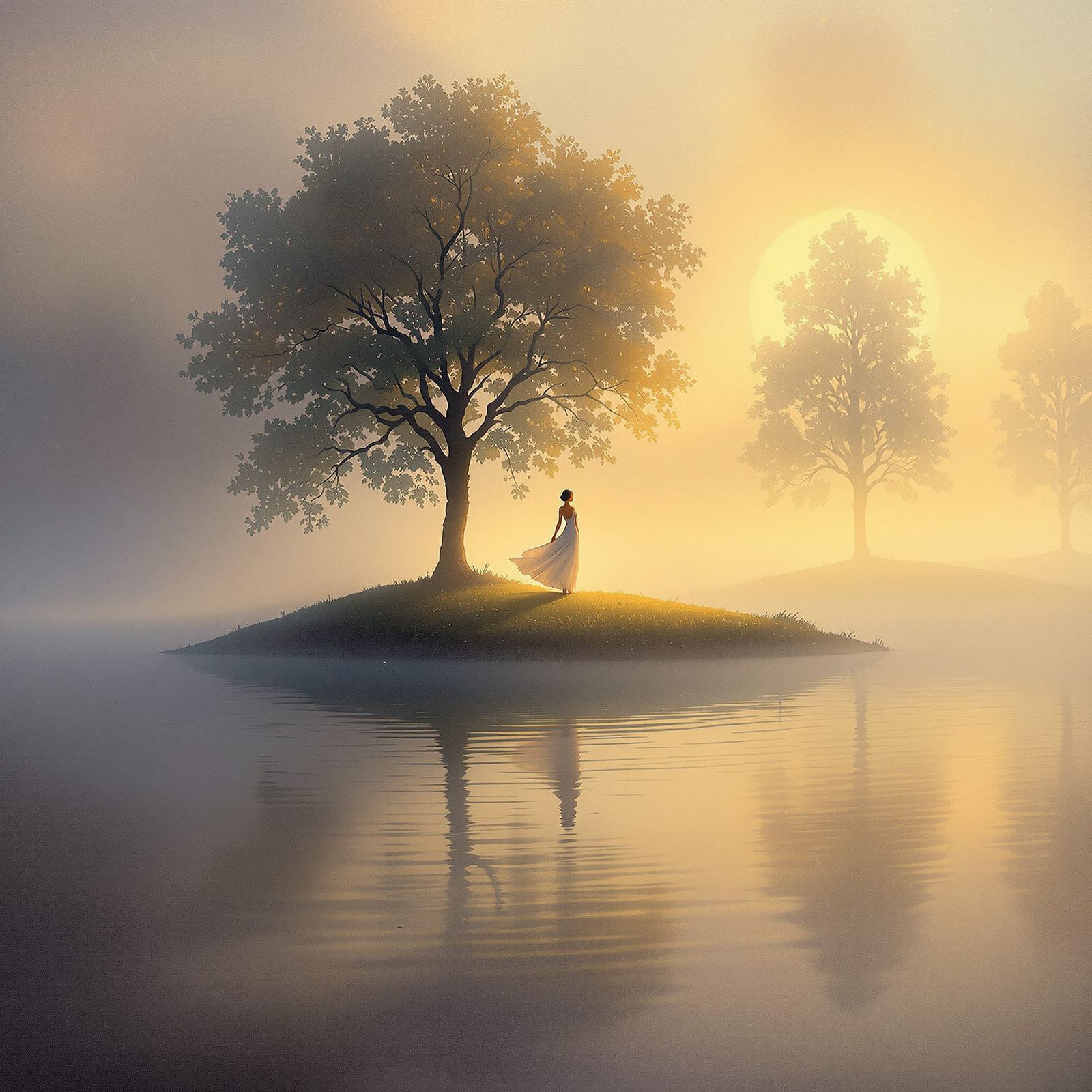 Impressionist Dancer on Misty Island at Dawn