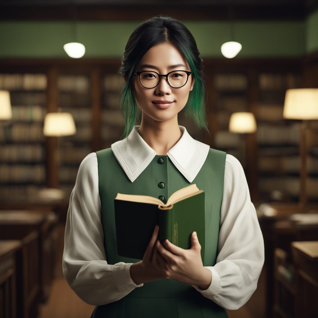 Young Asian Librarian in Elegant White Dress