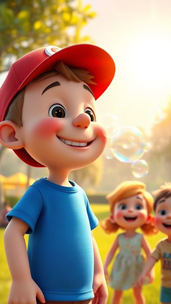 Joyful Children Watch Bubbles in a Sunny Park Scene