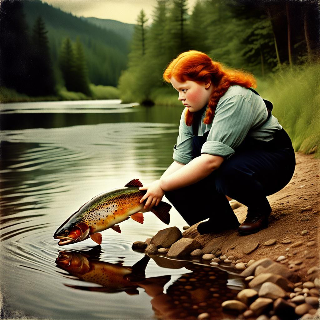 Vintage Photo of Redhead Catching Trout