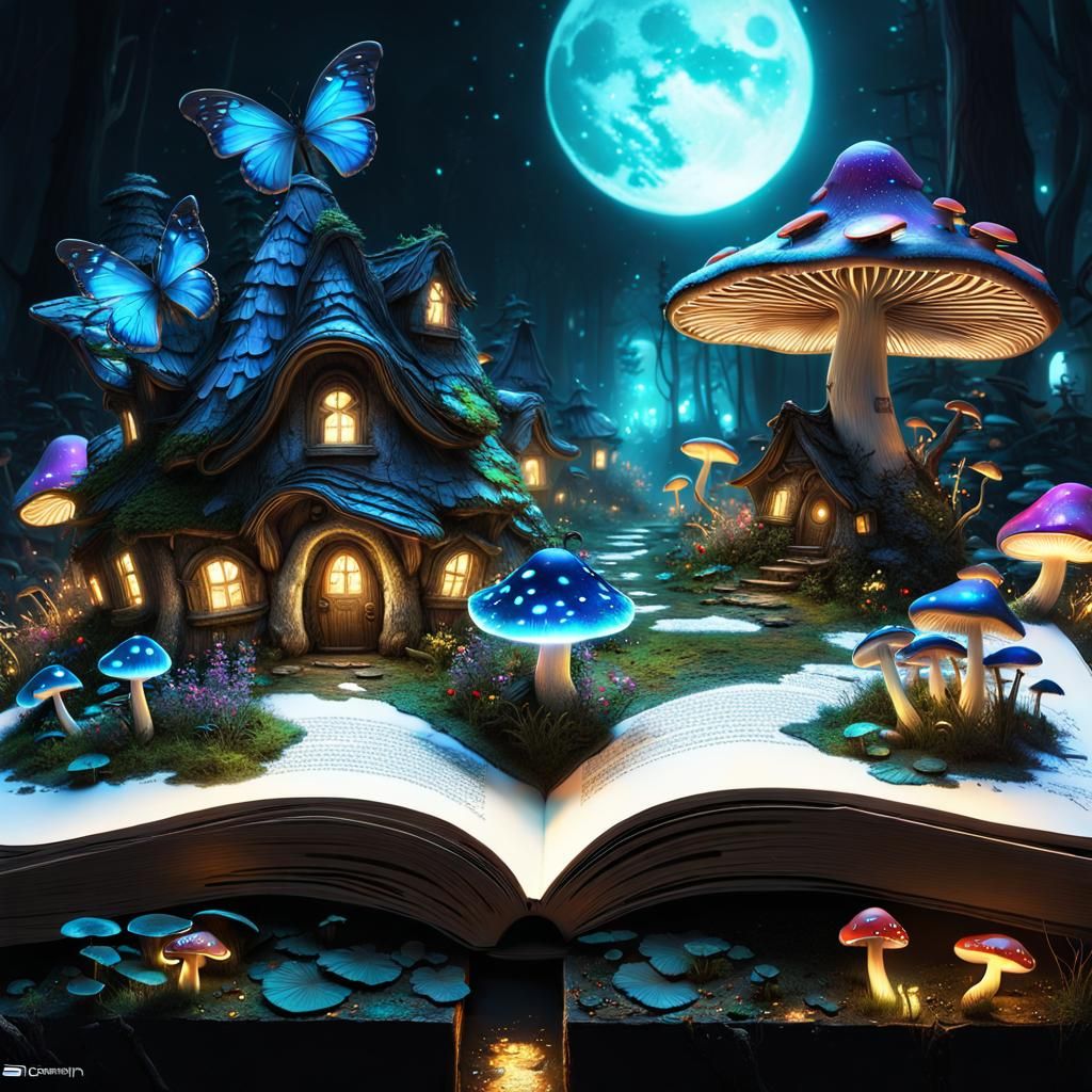 Fairy Panorama Inside Spellbook, Bioluminescent Fantasy Art