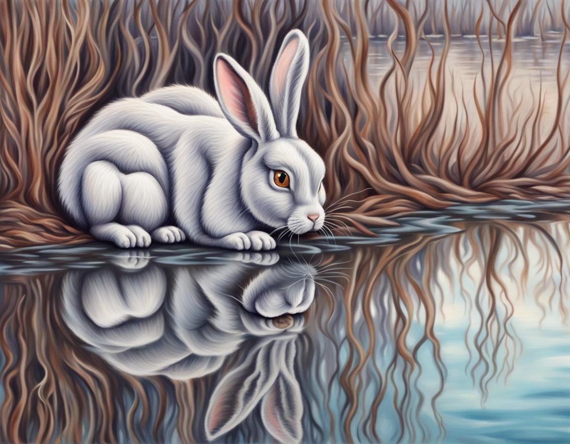 Sad Chigi Rabbit in Winter Garden, Pastel Drawing