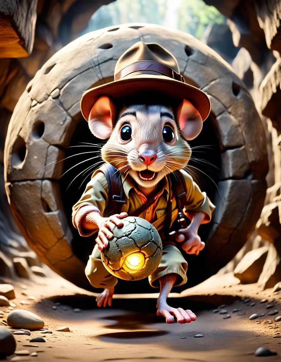Cartoon Mouse as Indiana Jones Running From Boulder