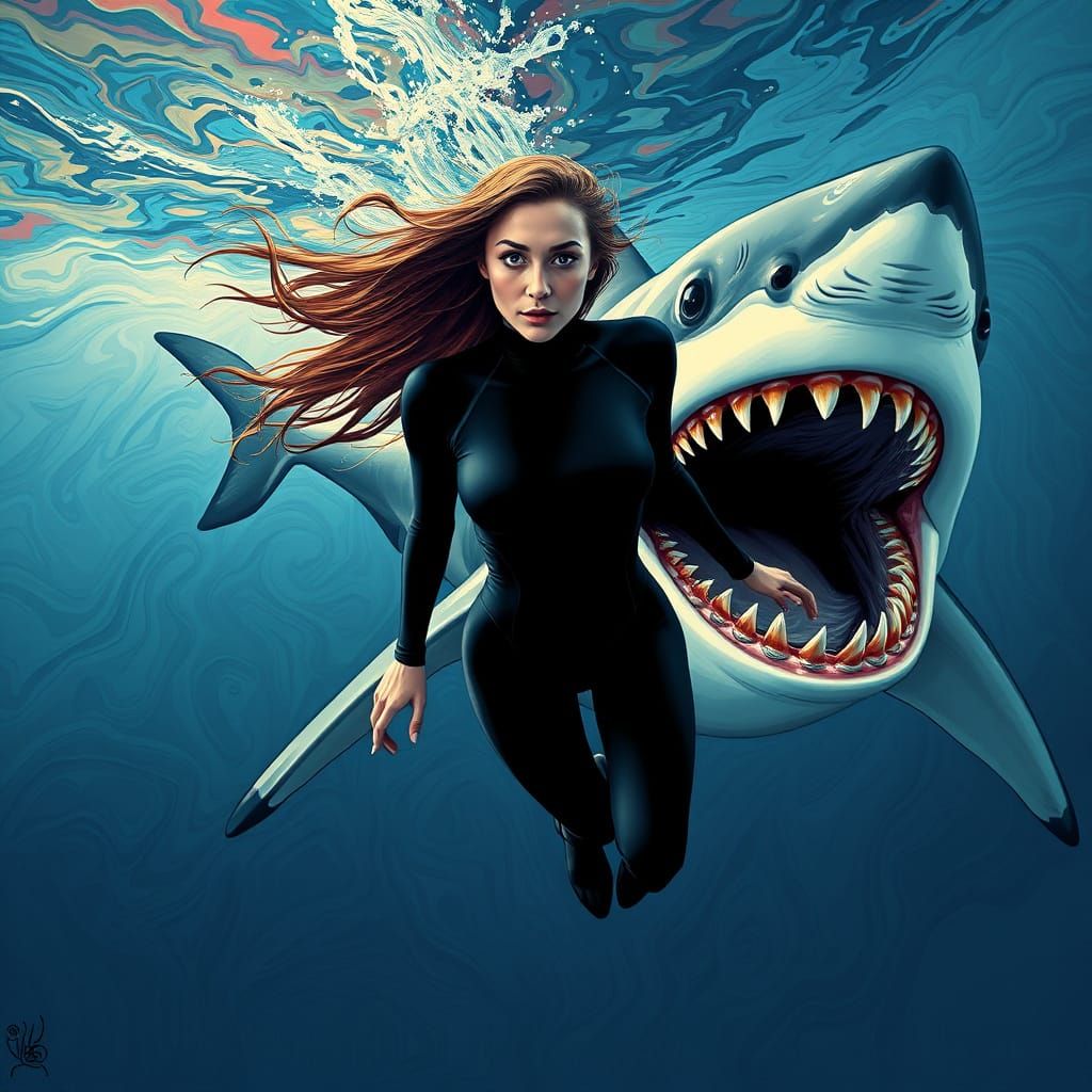 Hyper Realistic Surreal Scene of a Woman Swimming with a Gre...