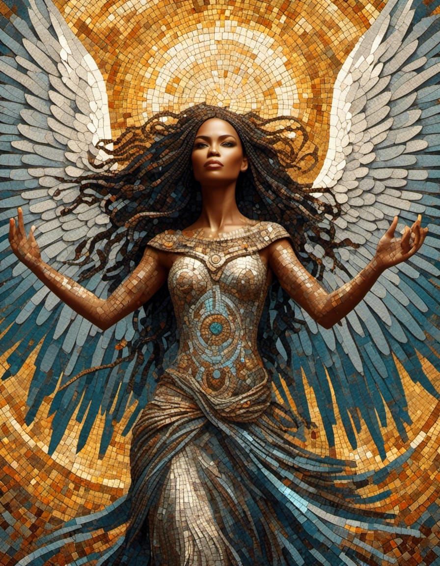 Mosaic Goddess with Wings in Digital Art