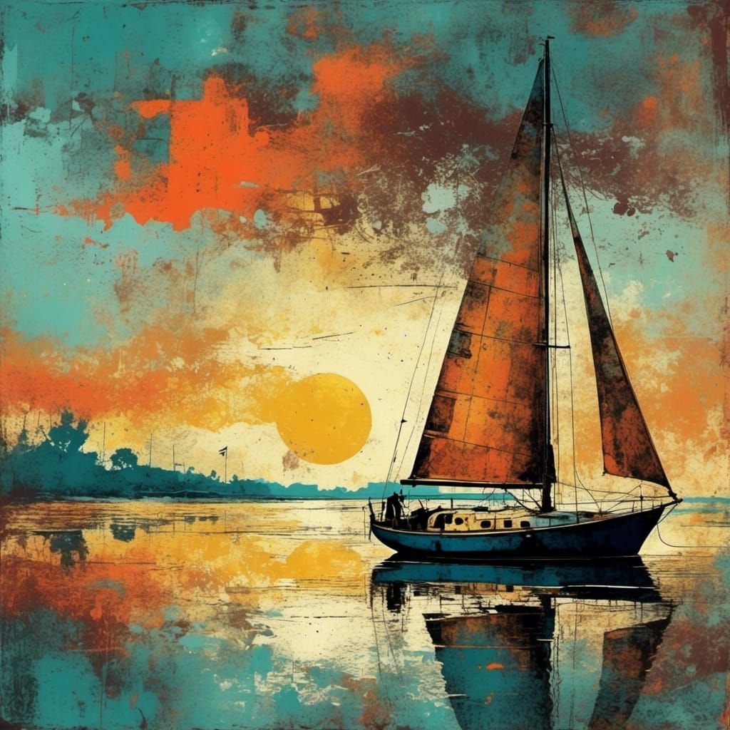 Sailboat at Sunset in Pop Art Grunge Style
