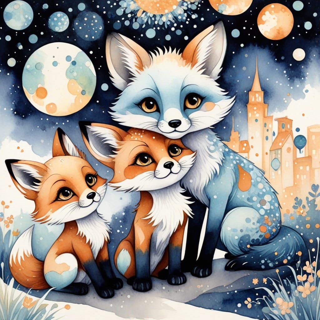 Whimsical Watercolor Fox Kits in a Vibrant Starscape