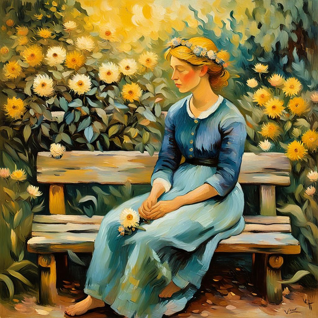 Woman in Garden: Impressionist Painting in Van Gogh Style