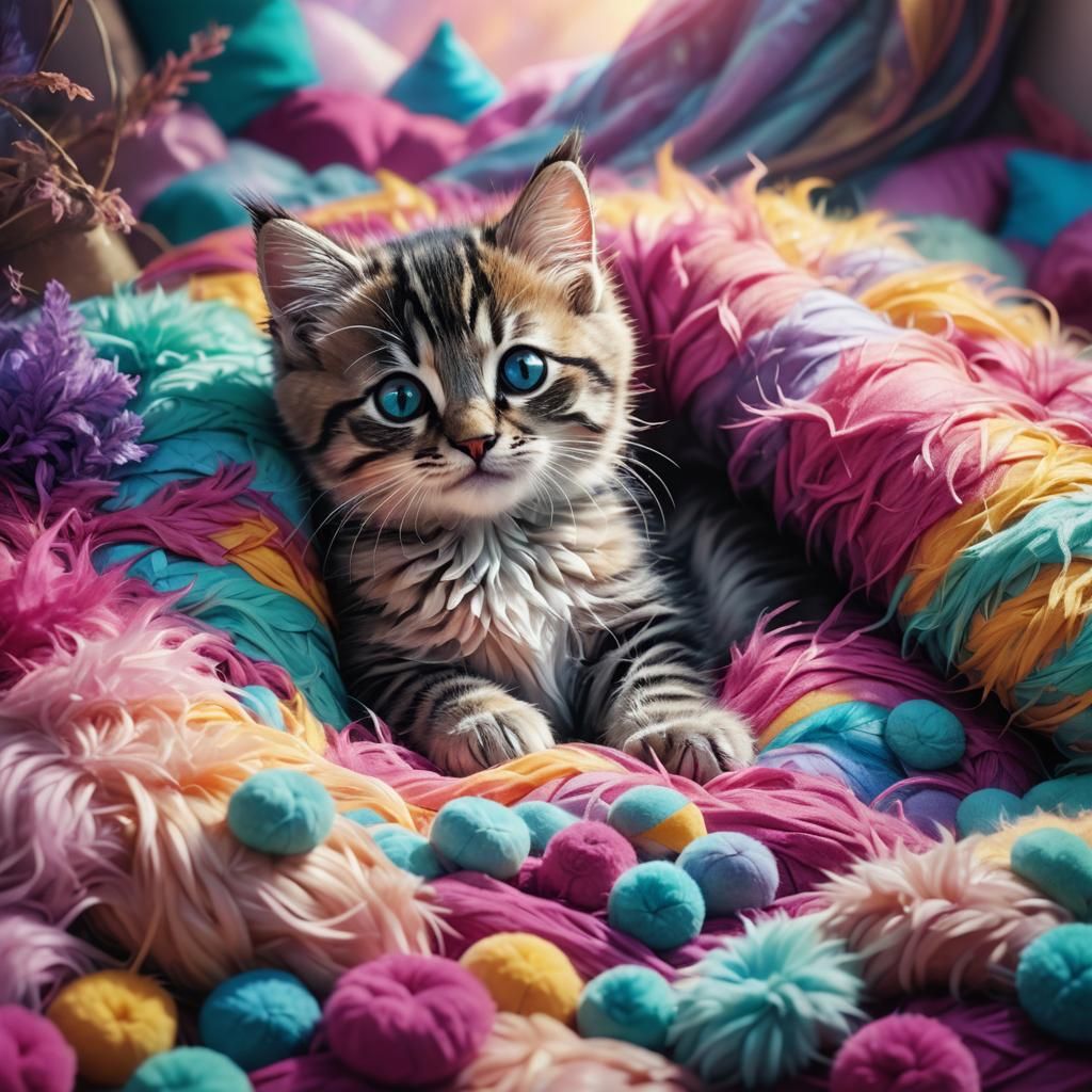 Cute Kitten in Rainbow Nest: Digital Fantasy Art